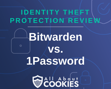 A blue background with images of locks and shields with the text “Bitwarden vs. 1Password” and the All About Cookies logo.