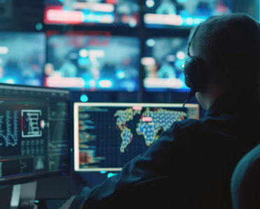 A cybersecurity team member sits in front of a monitor.