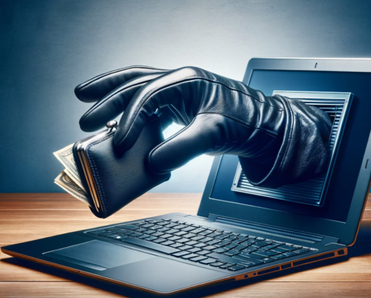 Gloved hand coming out of the computer to steal your wallet