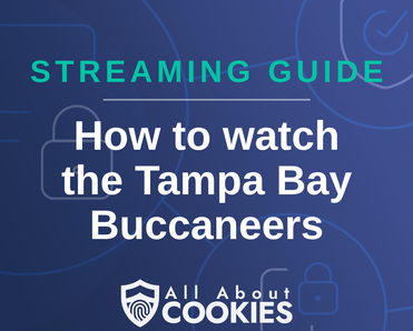 A blue background with images of locks and shields with the text “Tampa Bay Buccaneers” and the All About Cookies logo.