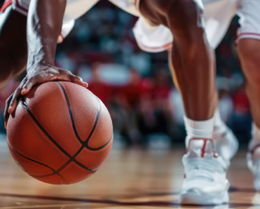 Close up of two pro basketball players jockeying for the basketball 