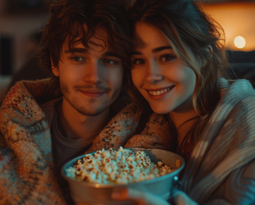 Young couple cozy watching a romance movie with popcorn