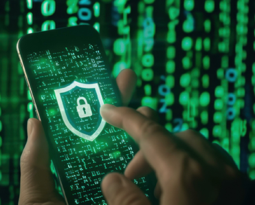 A close-up of a hand holding a smartphone displaying a digital shield with a lock on it, against a green matrix background of binary code.