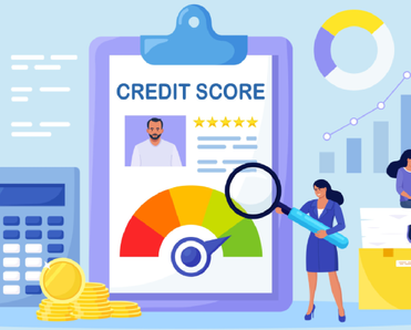 An illustration of a woman analyzing a credit report