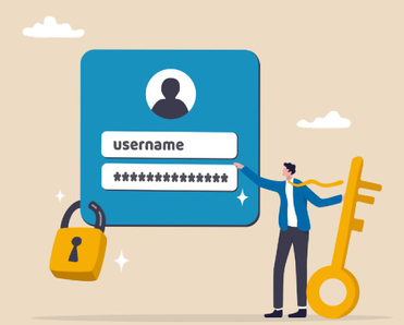 A beige background with an illustration of a user login with a padlock and a man holding a key