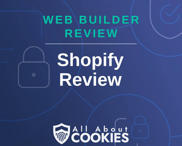 A blue background with images of locks and shields and the text &quot;Web Builder Review: Shopify Review&quot;