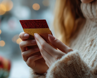 A woman holds a red gift card in her hands.