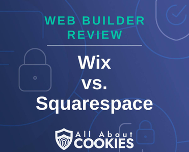 A blue background with images of locks and shields and the text &quot;Wix vs. Squarespace&quot;
