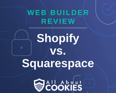 A blue background with images of locks and shields and the text &quot;Shopify vs. Squarespace&quot;