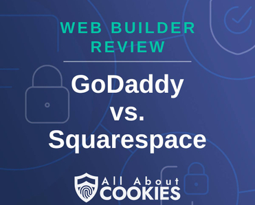 A blue background with images of locks and shields and the text &quot;GoDaddy vs. Squarespace&quot;