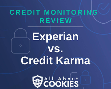A blue background with images of locks and shields and the text &quot;Experian vs. Credit Karma&quot;
