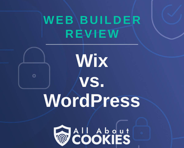 A blue background with images of locks and shields and the text &quot;Wix vs. WordPress&quot;