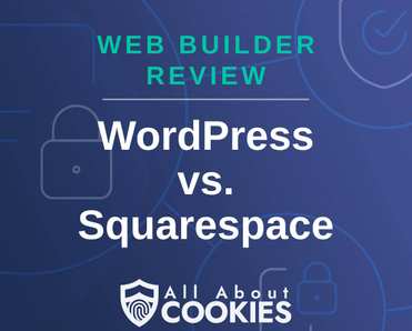 A blue background with images of locks and shields and the text &quot;WordPress vs. Squarespace&quot;