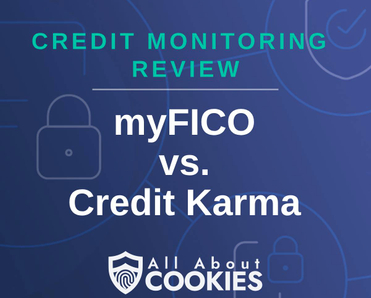 A blue background with images of locks and shields and the text &quot;myFICO vs. Credit Karma&quot;