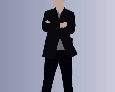 An illustration of Elon Musk&#x27;s likeness with his hands folded and face blurred out against a gray backdrop