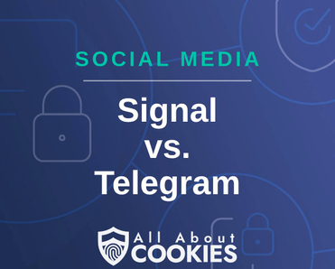 A blue background with images of locks and shields and the text &quot;Signal vs. Telegram&quot;