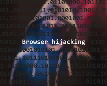 Concept of browser hijacking, a hooded hacker stands behind lines of code with text &quot;browser hijacking&quot; in white