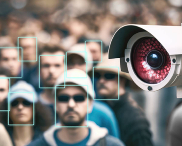 A surveillance street camera trained on pedestrians, analyzing their faces for identity verification