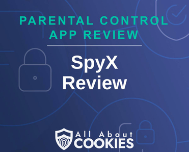 A blue background with images of locks and shields and the text &quot;SpyX review&quot;
