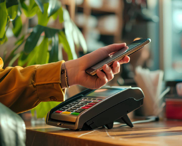 Person using cashless mobile payment system as checkout