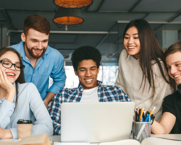 Five diverse teens centered around a school-issued laptop
