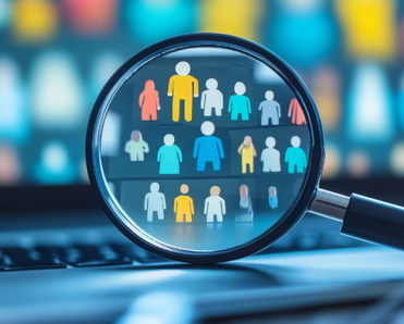 illustration of a magnifying glass looking at different people in front of a computer screen
