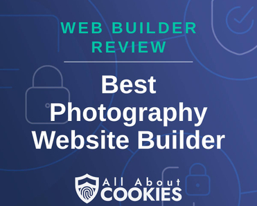 A blue background with images of locks and shields and the text &quot;best photography website builder&quot;