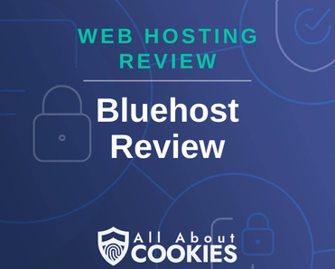 A blue background with images of locks and shields and the text &quot;Bluehost Review&quot;