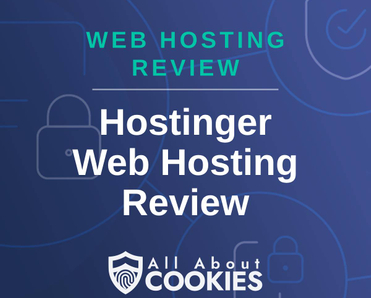 A blue background with images of locks and shields and the text &quot;Hostinger Web Hosting Review&quot;