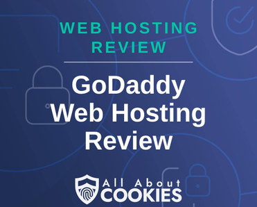 A blue background with images of locks and shields and the text &quot;GoDaddy Web Hosting Review&quot;