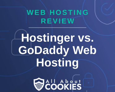 A blue background with images of locks and shields and the text &quot;Hostinger vs. GoDaddy Web Hosting&quot;