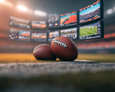 An image of two footballs in front of multiple screens streaming NFL games from the inside of a football stadium