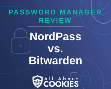 A blue background with images of locks and shields and the text &quot;NordPass vs. Bitwarden&quot;