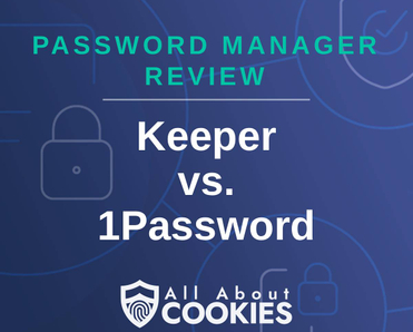 A blue background with images of locks and shields and the text &quot;Keeper vs. 1Password&quot;