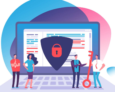 Illustration of a laptop with a lock and men and women standing on keyboard holding key