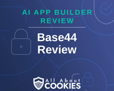 A blue background with locks and the text "AI App Builder Review: Base44 Review"