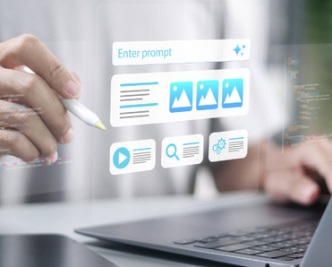 Person using laptop with AI app builder prompt