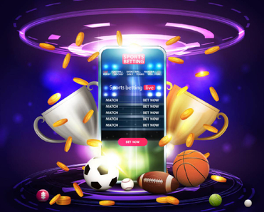 Sports betting concept with sports app surrounded by sports equipment balls