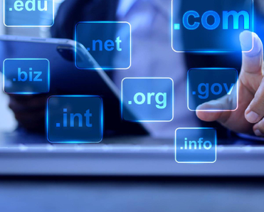 domain name concept with person pointing to dot com as the default choice