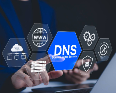 Domain name server concept of icons above a laptop