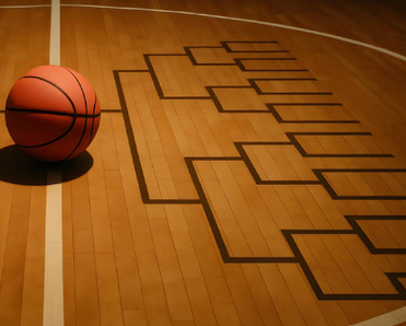 A basketball on a court with itsshadow forming a tournament bracket