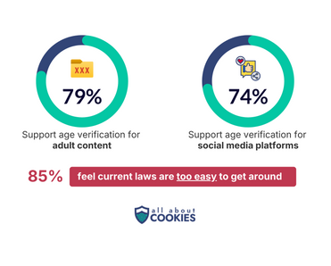Circle charts showing that most people support age verification but find it too easy to get around