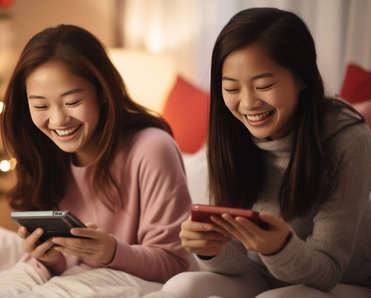 Two girls sitting on a bed, enjoying their time playing on Nintendo Switch