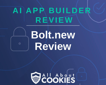 A blue background with locks and the text "AI App Builder Review: Bolt.new Review"
