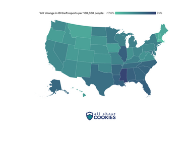 U.S. map showing where ID theft reports increased the most in 2025.