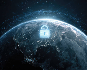 Earth with digital lock overlay, symbolizing cybersecurity and global data protection in space