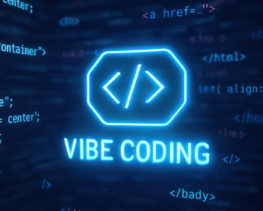 Neon vibe coding text glows in center of flowing code
