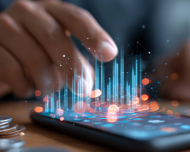 Mobile finance management concept with coins next to a smart phone with 3D digital touch