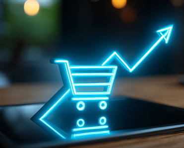 Digital shopping cart with upward trending arrow behind it.