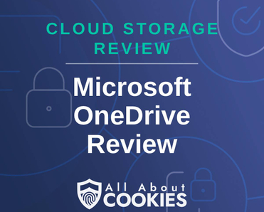 A blue background with locks and the text "Microsoft OneDrive Review"